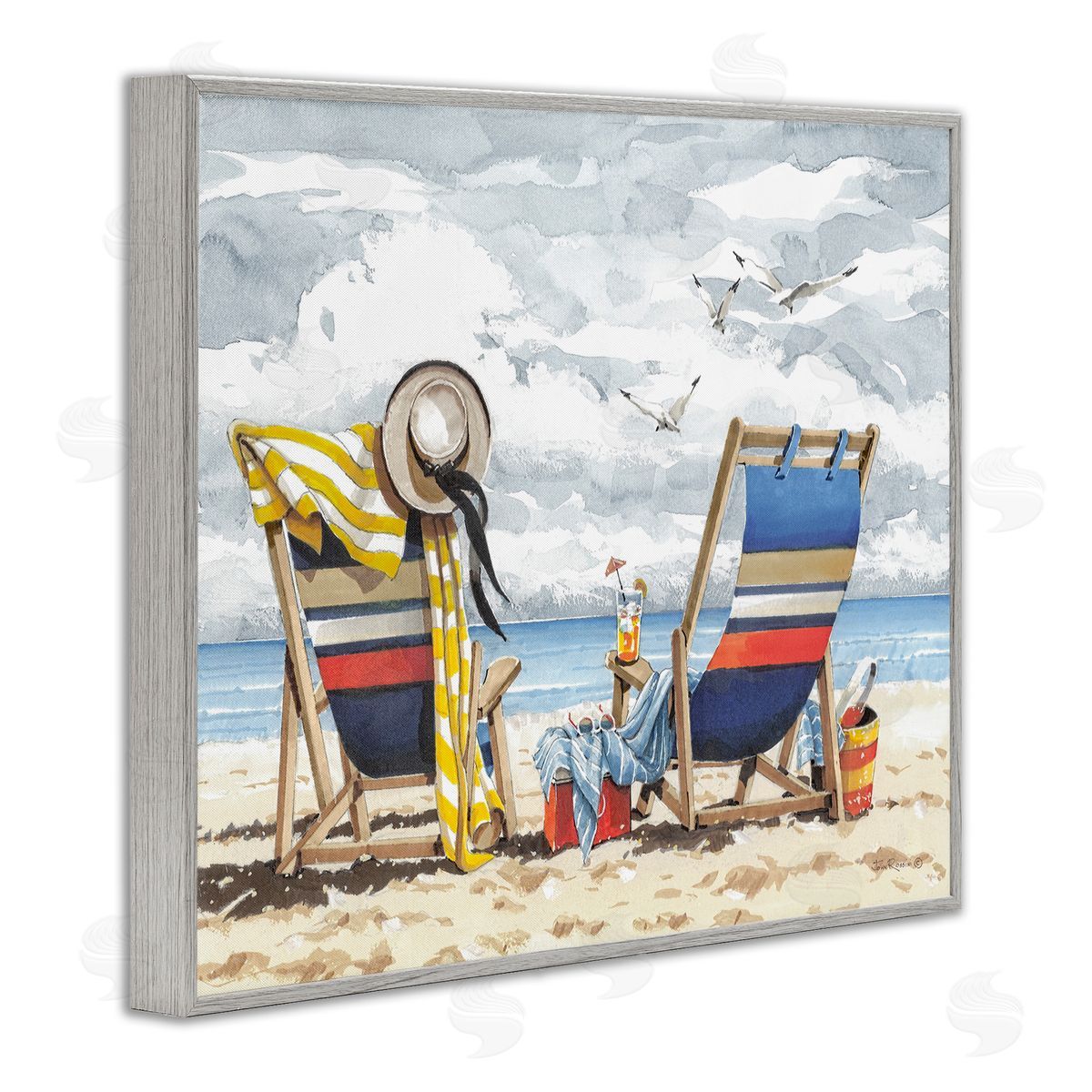 John Rossini Peaceful Beach Chairs Hangout Gray Framed Giclee Wall Art Print