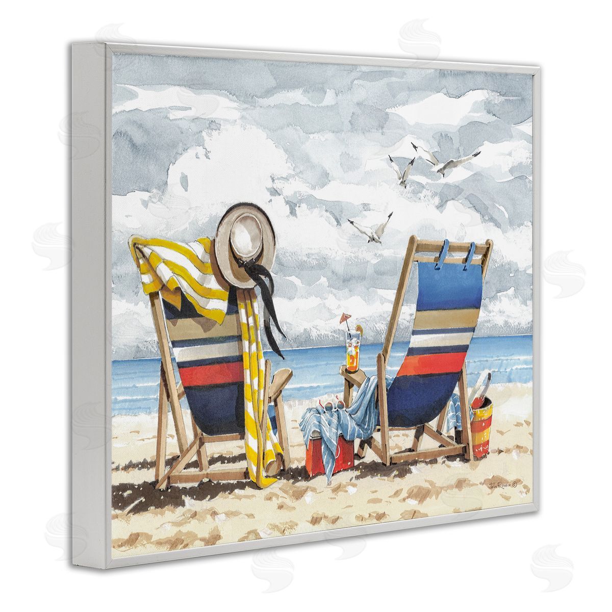 John Rossini Peaceful Beach Chairs Hangout White Framed Giclee Wall Art Print