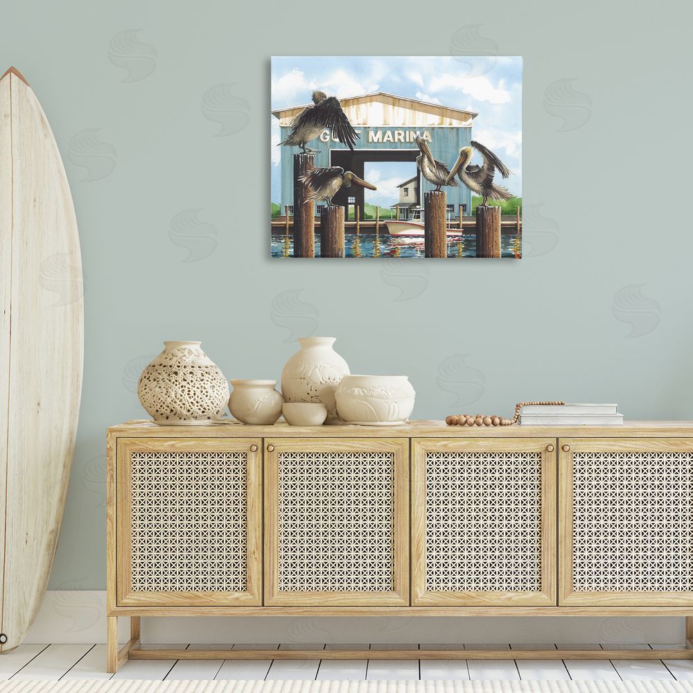 John Rossini Boat Marina Pelicans Canvas Wall Art Print in Room