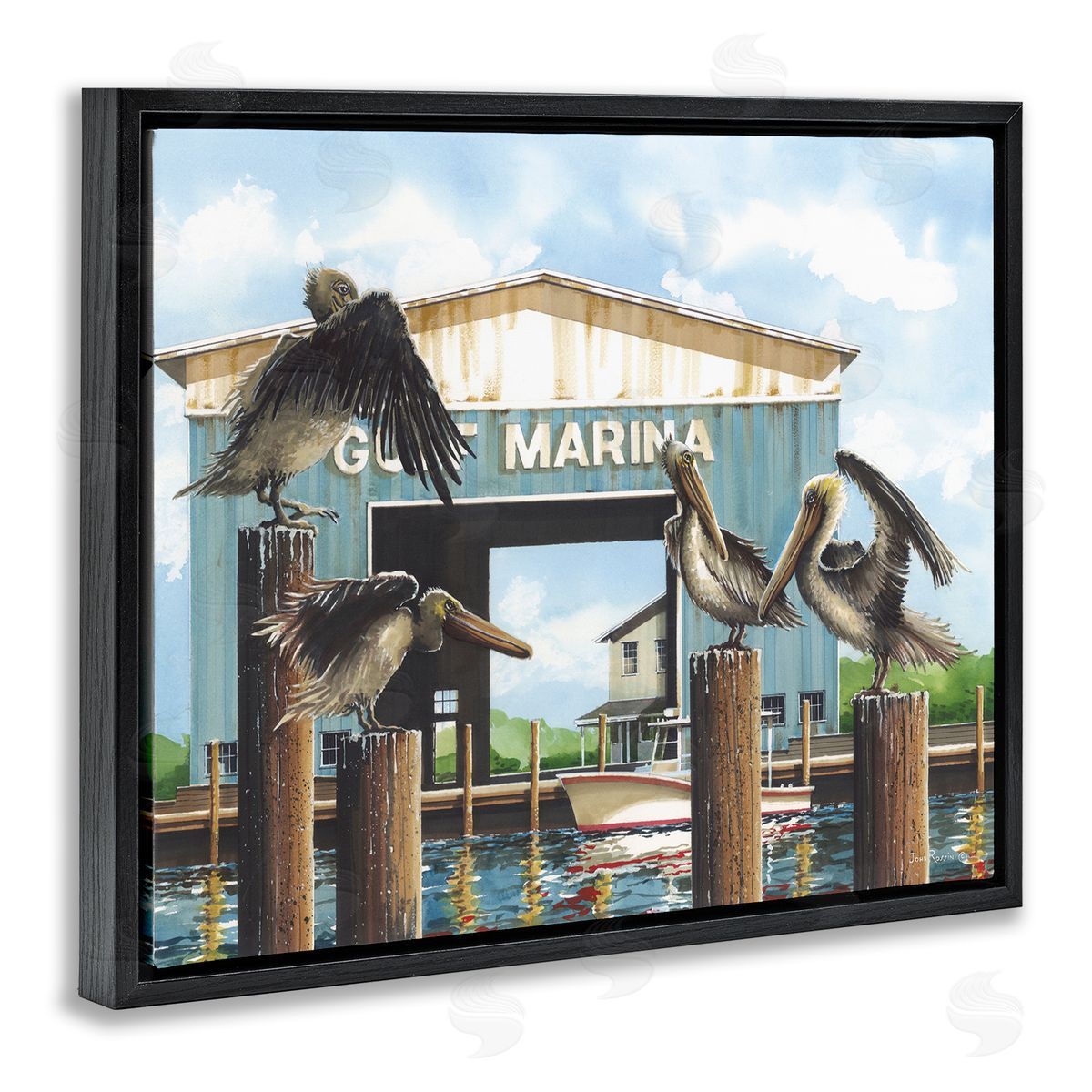 John Rossini Boat Marina Pelicans Black Floating Frame Canvas Wall Art Print