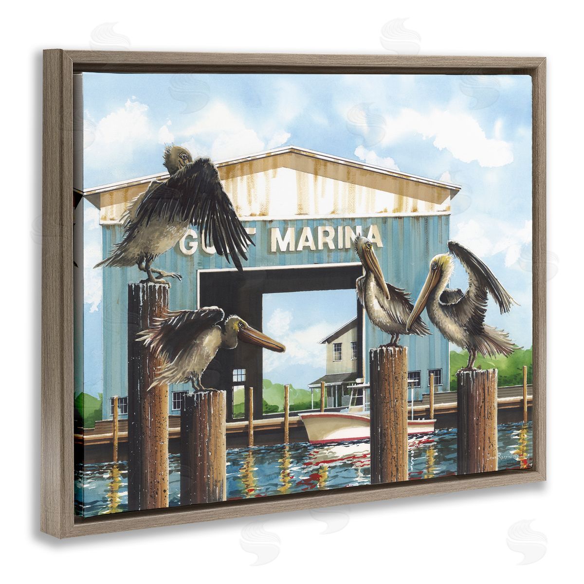 John Rossini Boat Marina Pelicans Brown Floating Frame Canvas Wall Art Print