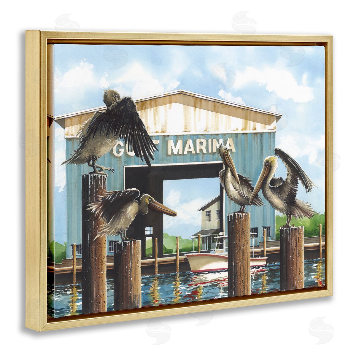 John Rossini Boat Marina Pelicans Gold Floating Frame Canvas Wall Art Print