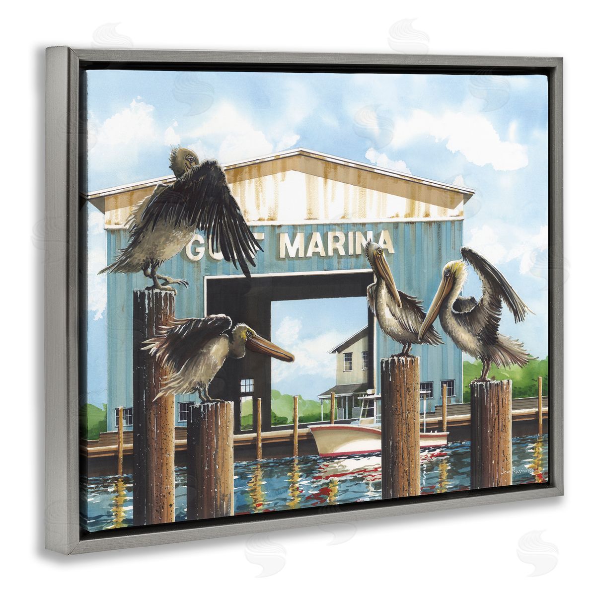 John Rossini Boat Marina Pelicans Gray Floating Frame Canvas Wall Art Print
