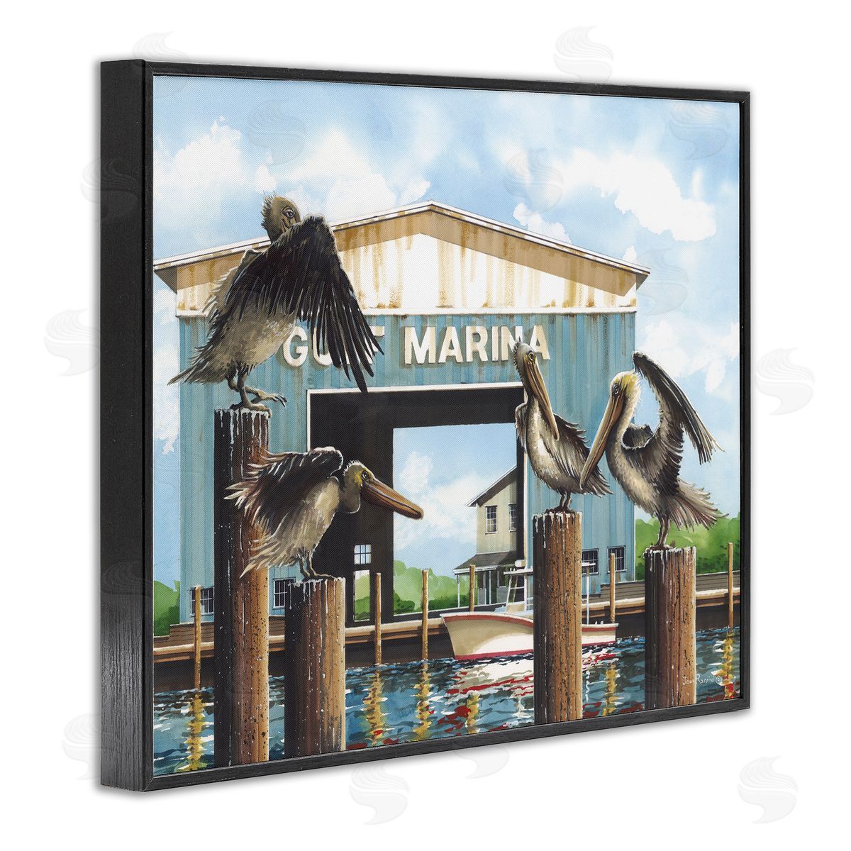 John Rossini Boat Marina Pelicans Black Framed Giclee Wall Art Print