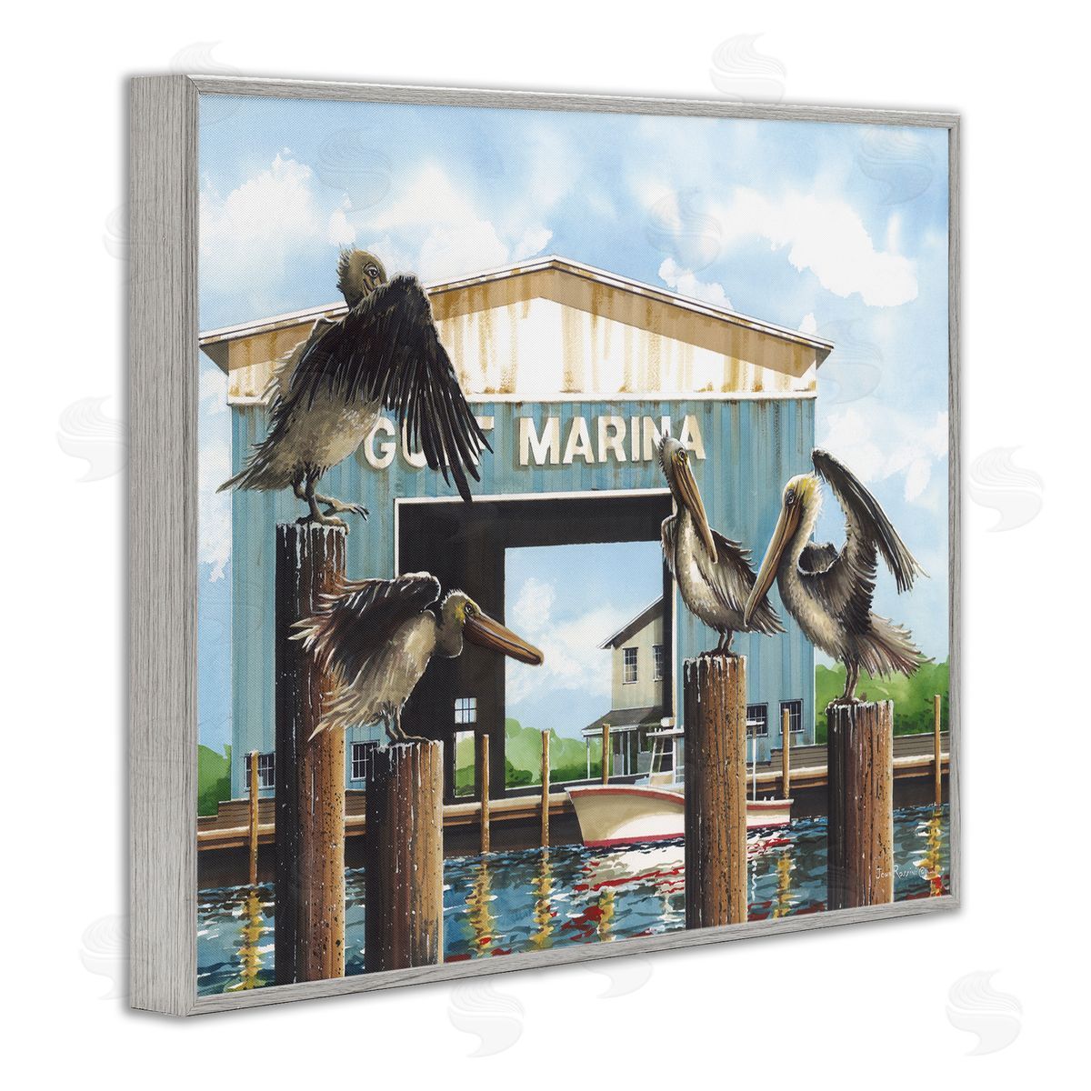 John Rossini Boat Marina Pelicans Gray Framed Giclee Wall Art Print