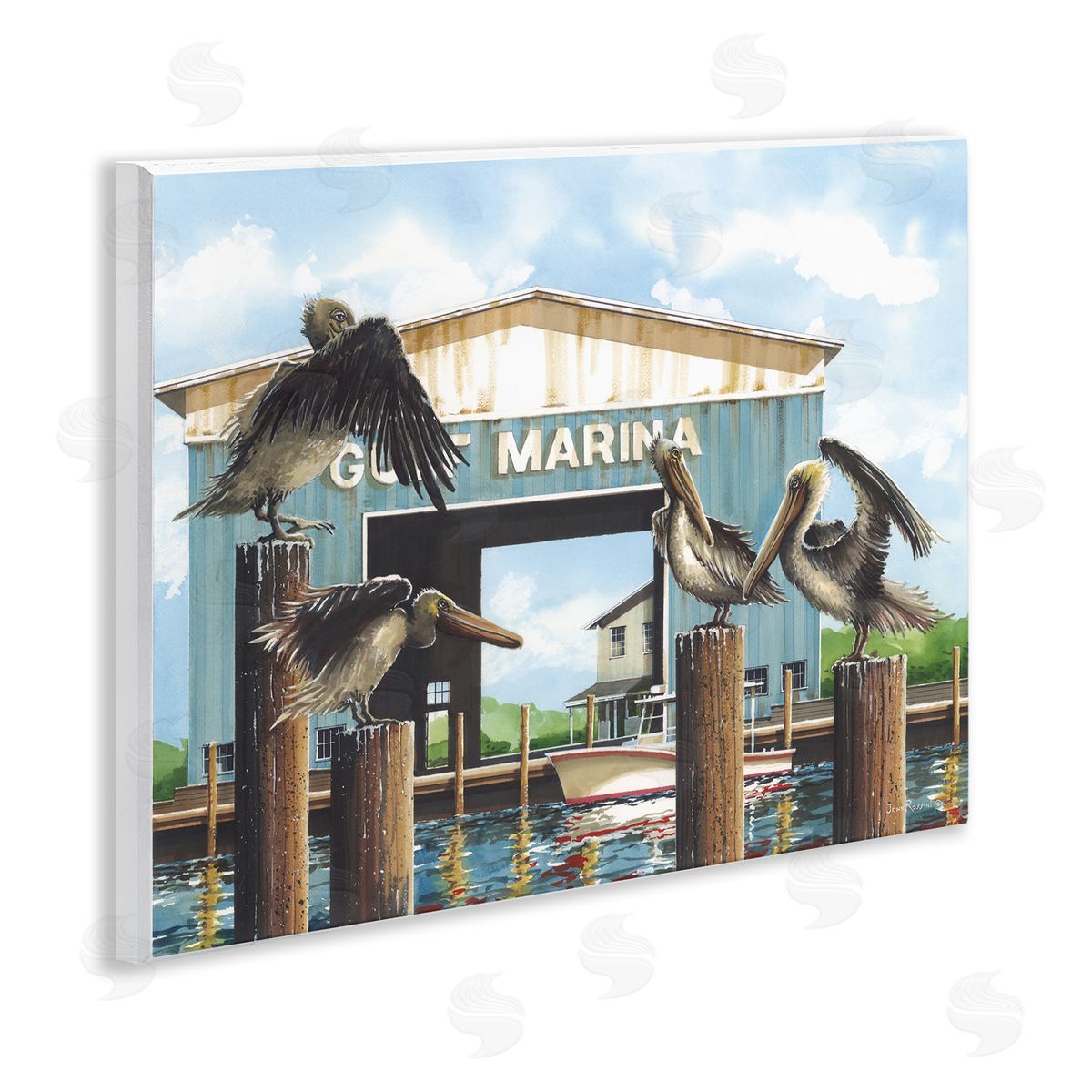 John Rossini Boat Marina Pelicans Wooden Wall Plaque Art Print