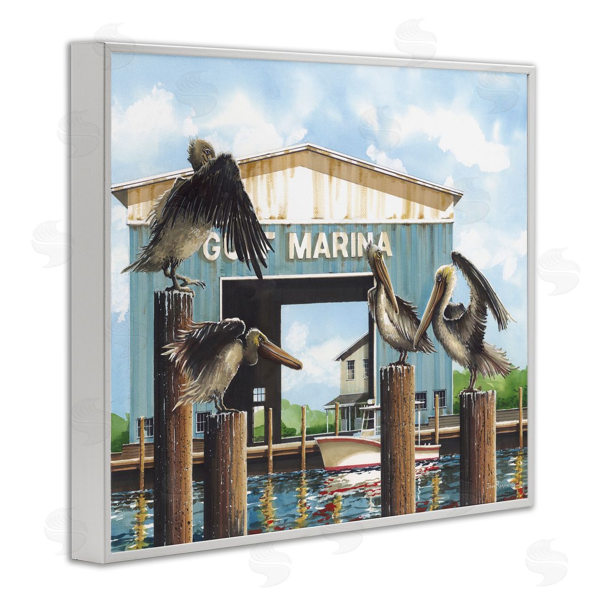 John Rossini Boat Marina Pelicans White Framed Giclee Wall Art Print