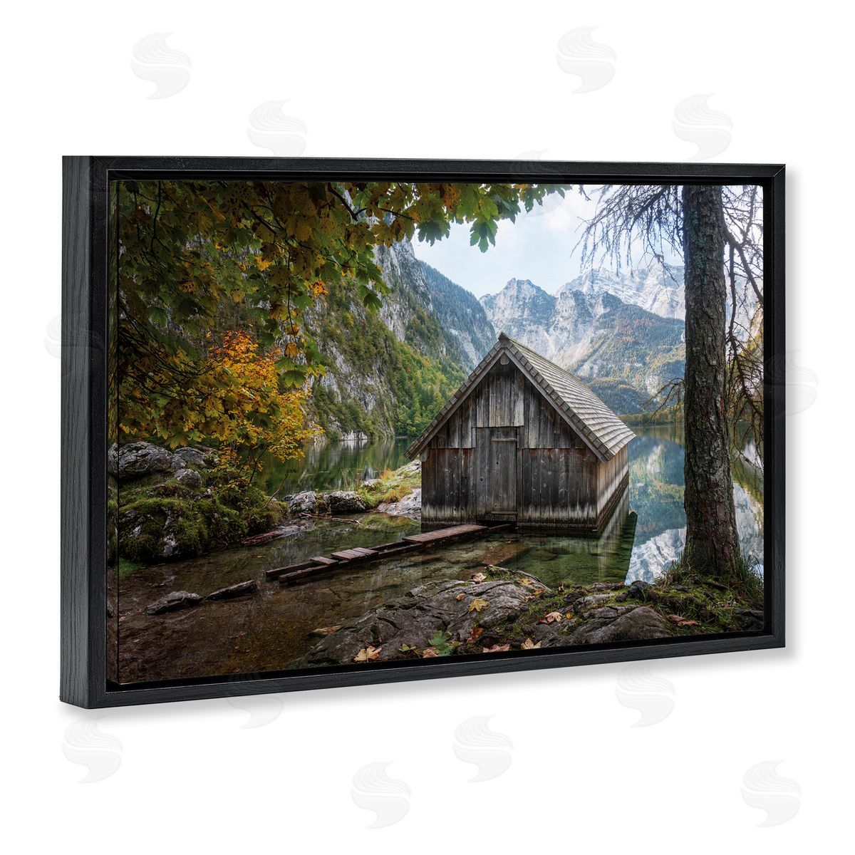 Masey St. Studios Mystical Cabin on Lake Black Floating Frame Canvas Wall Art Print