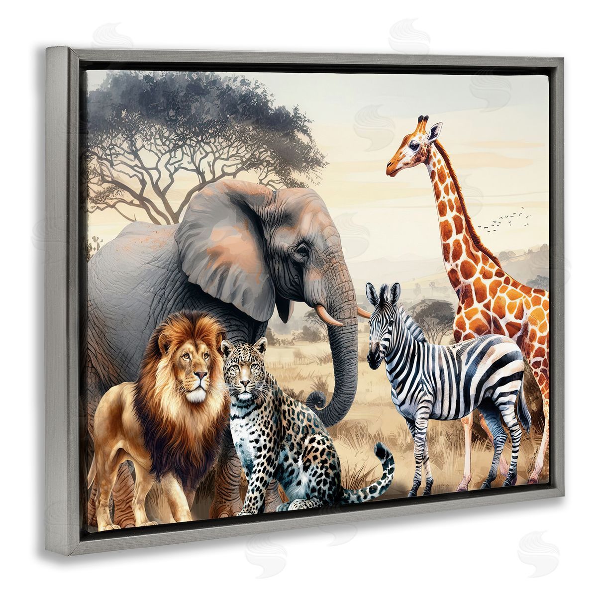 Nicole DeCamp Grouped Jungle Animals Gray Floating Frame Canvas Wall Art Print