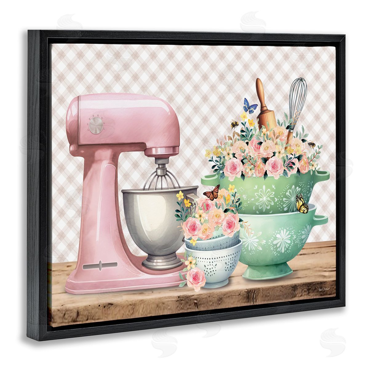Nicole DeCamp Floral Gingham Kitchen Black Floating Frame Canvas Wall Art Print