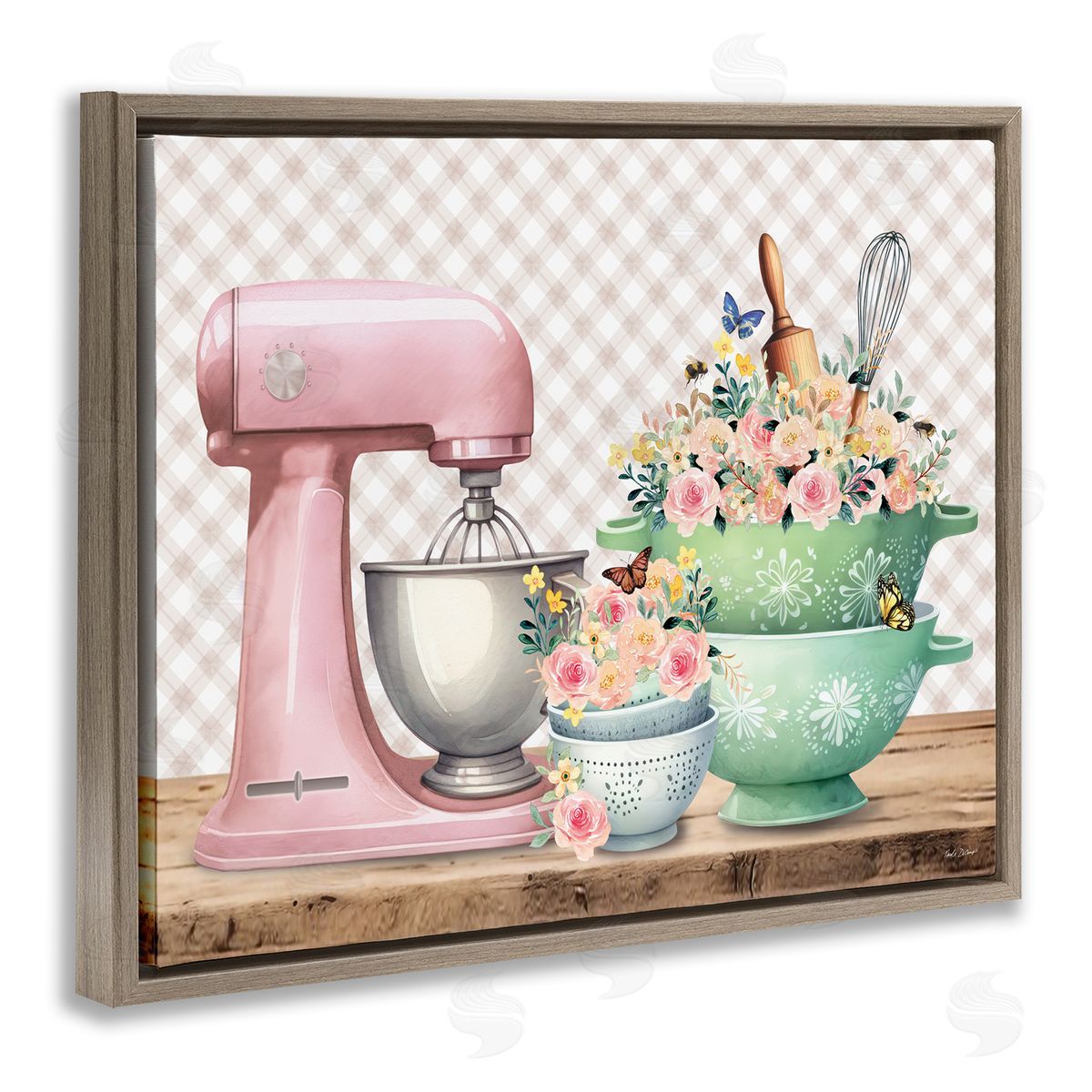 Nicole DeCamp Floral Gingham Kitchen Brown Floating Frame Canvas Wall Art Print