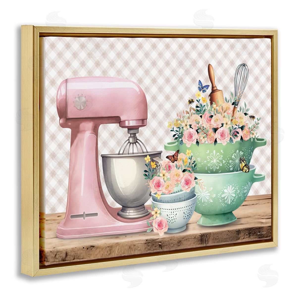 Nicole DeCamp Floral Gingham Kitchen Gold Floating Frame Canvas Wall Art Print