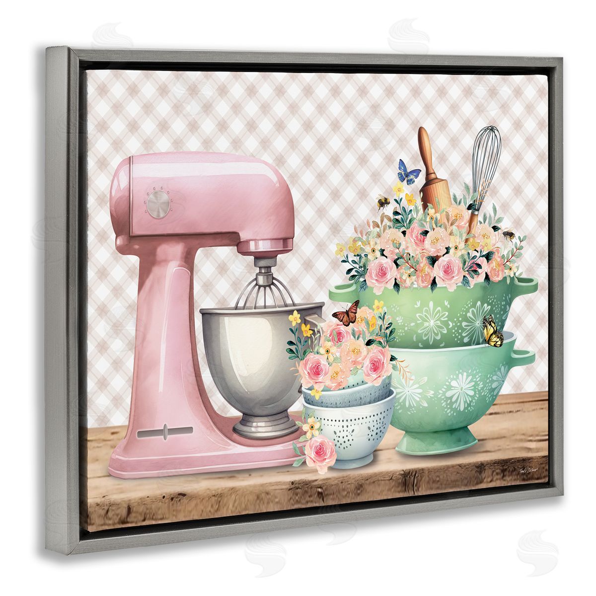 Nicole DeCamp Floral Gingham Kitchen Gray Floating Frame Canvas Wall Art Print