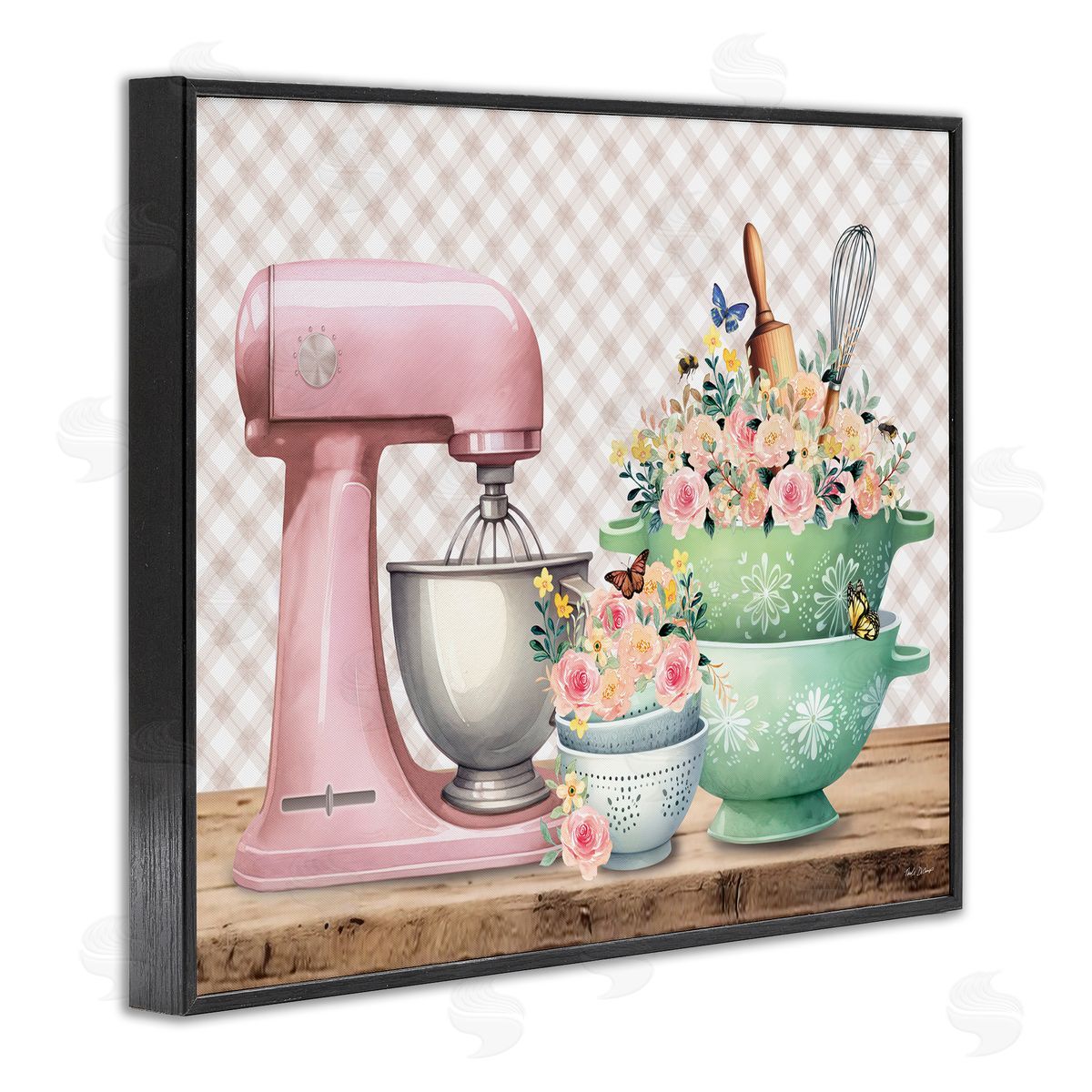 Nicole DeCamp Floral Gingham Kitchen Black Framed Giclee Wall Art Print