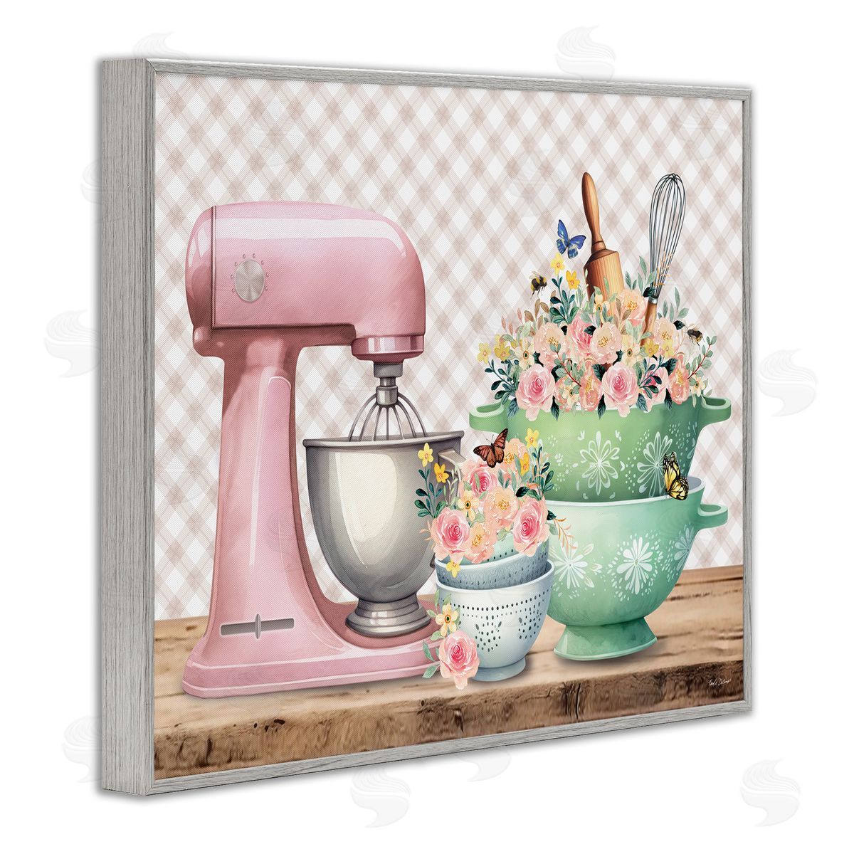Nicole DeCamp Floral Gingham Kitchen Gray Framed Giclee Wall Art Print