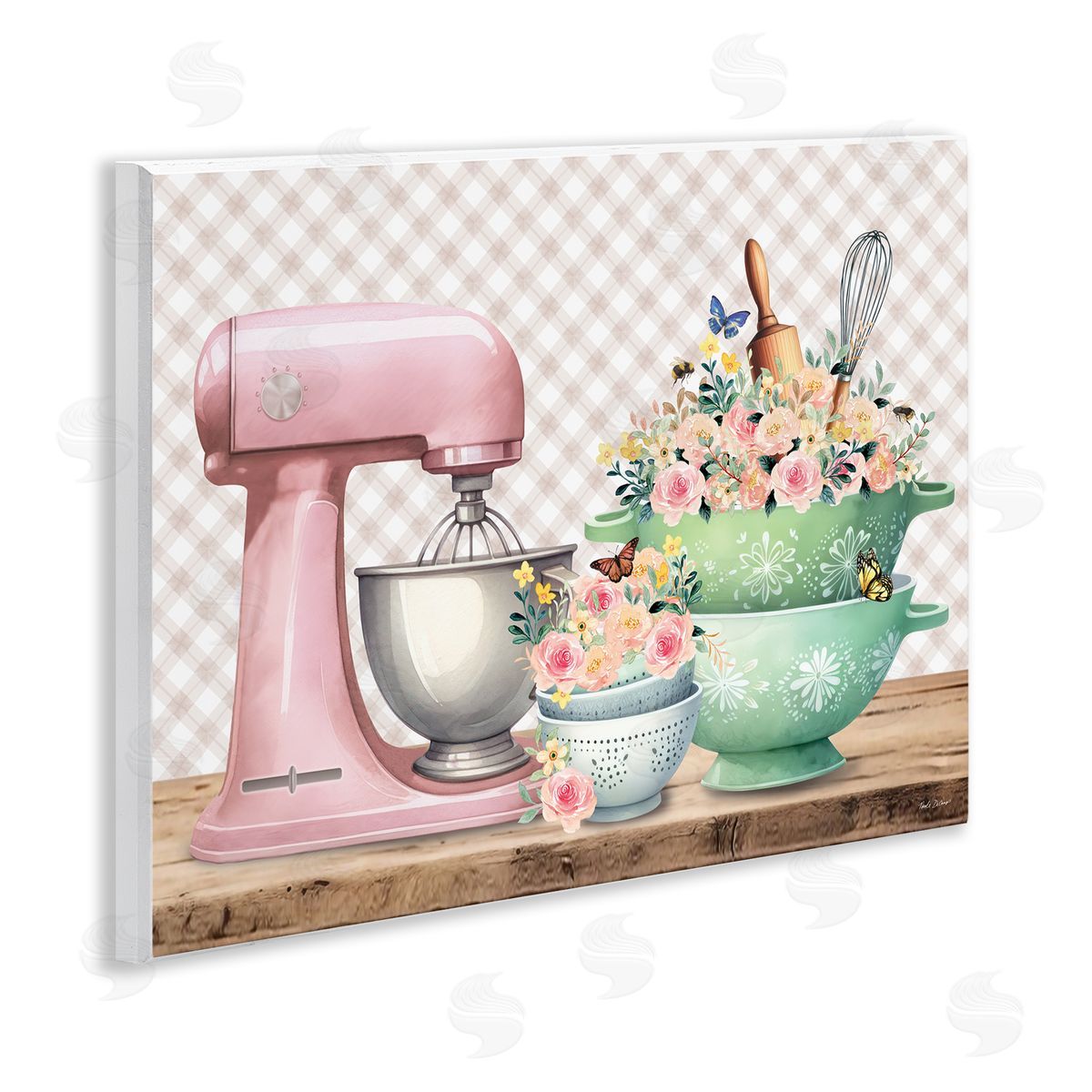 Nicole DeCamp Floral Gingham Kitchen Wooden Wall Plaque Art Print