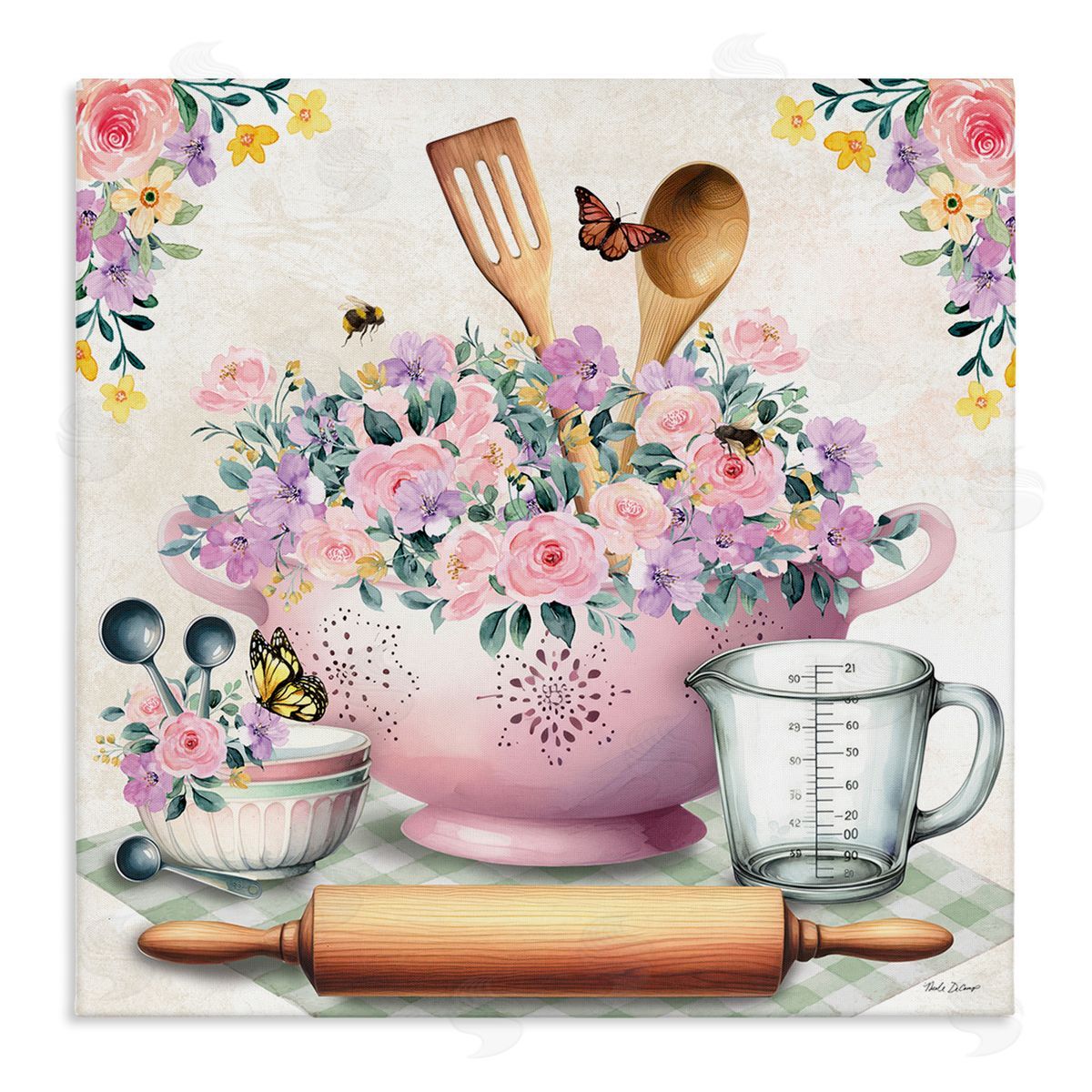 Nicole DeCamp Pink Florals & Utensils Canvas Wall Art Print