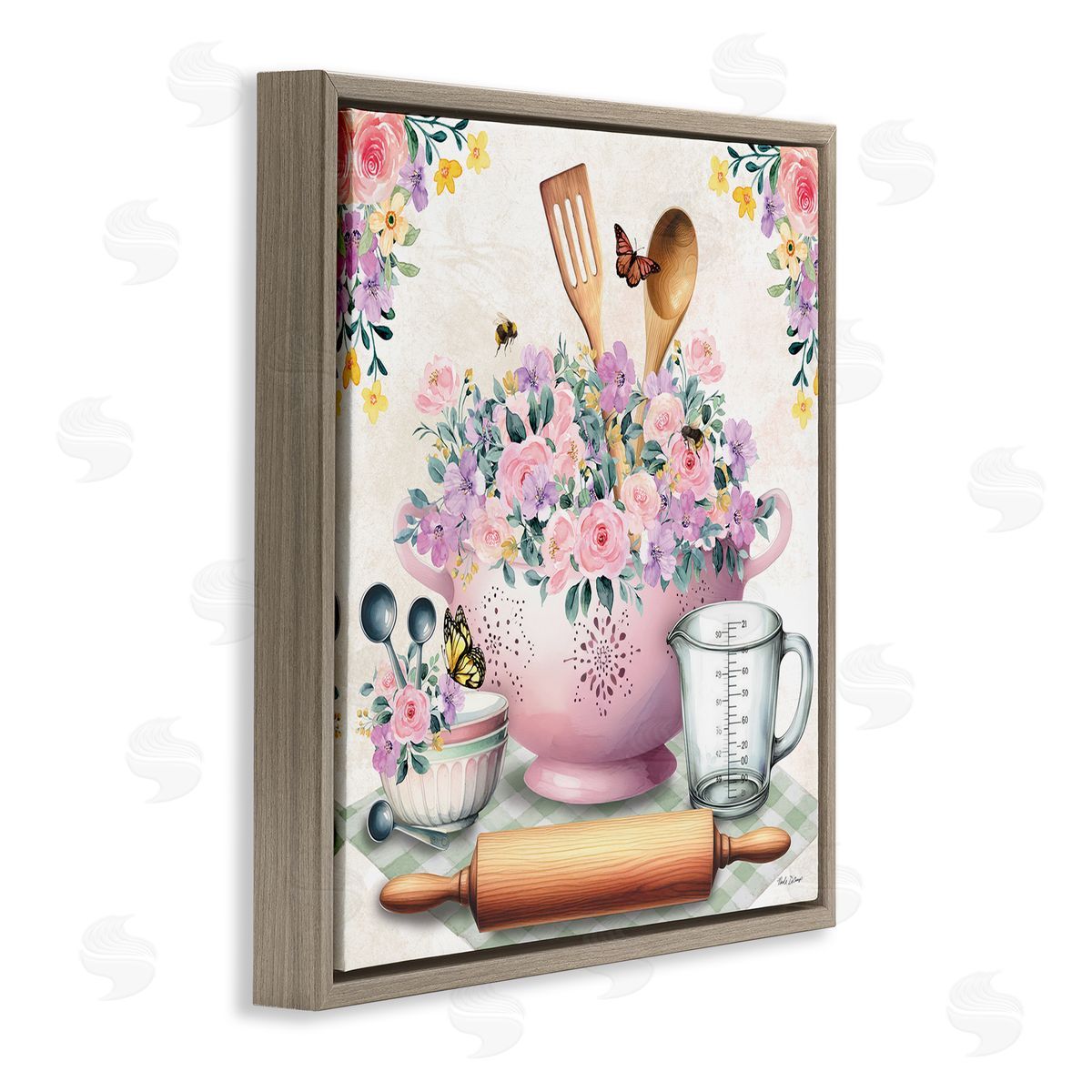 Nicole DeCamp Pink Florals & Utensils Brown Floating Frame Canvas Wall Art Print