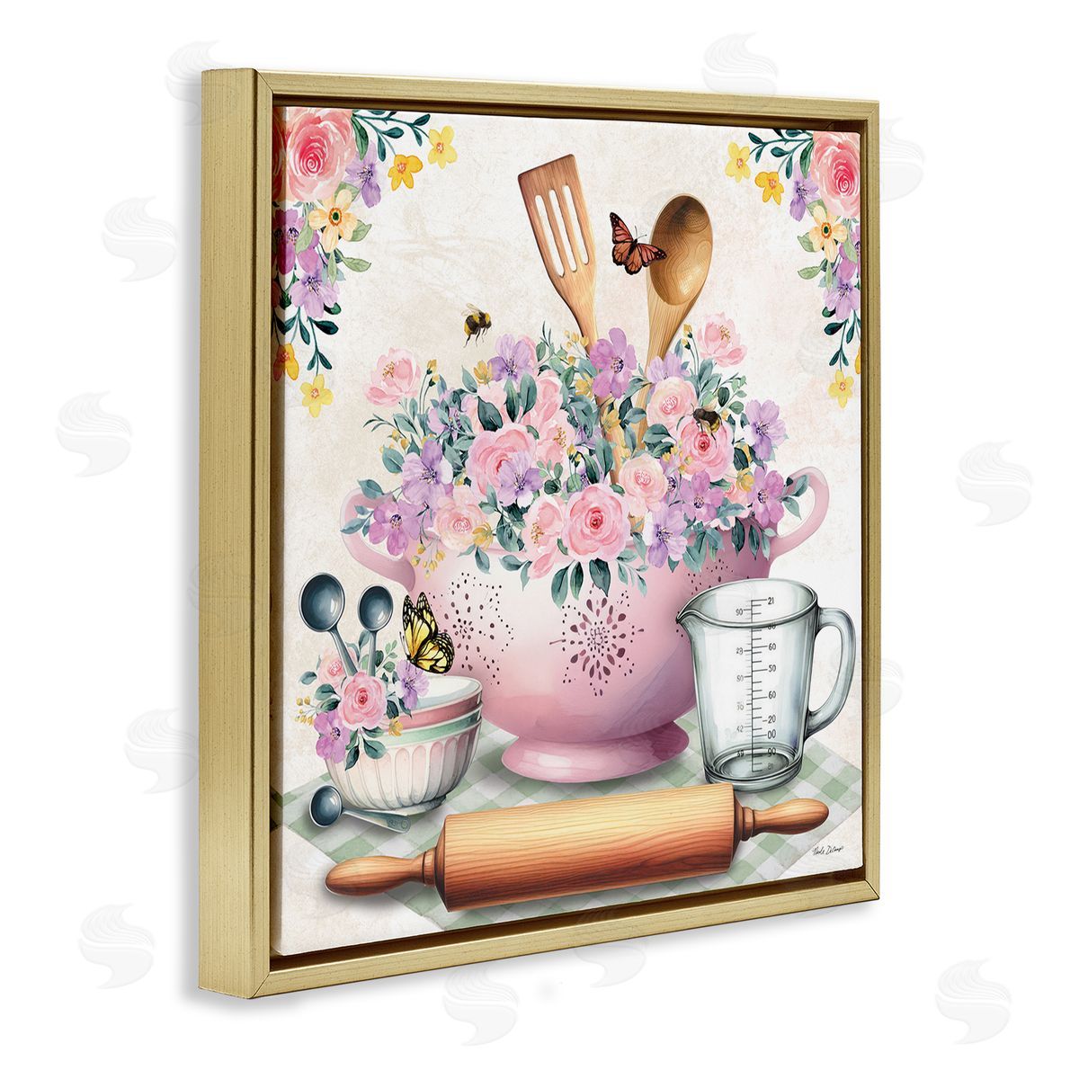Nicole DeCamp Pink Florals & Utensils Gold Floating Frame Canvas Wall Art Print