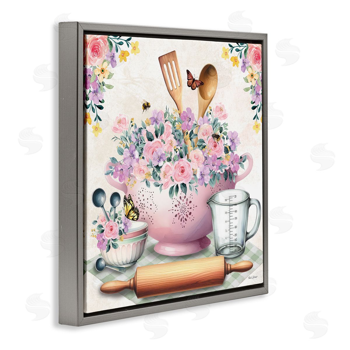 Nicole DeCamp Pink Florals & Utensils Gray Floating Frame Canvas Wall Art Print