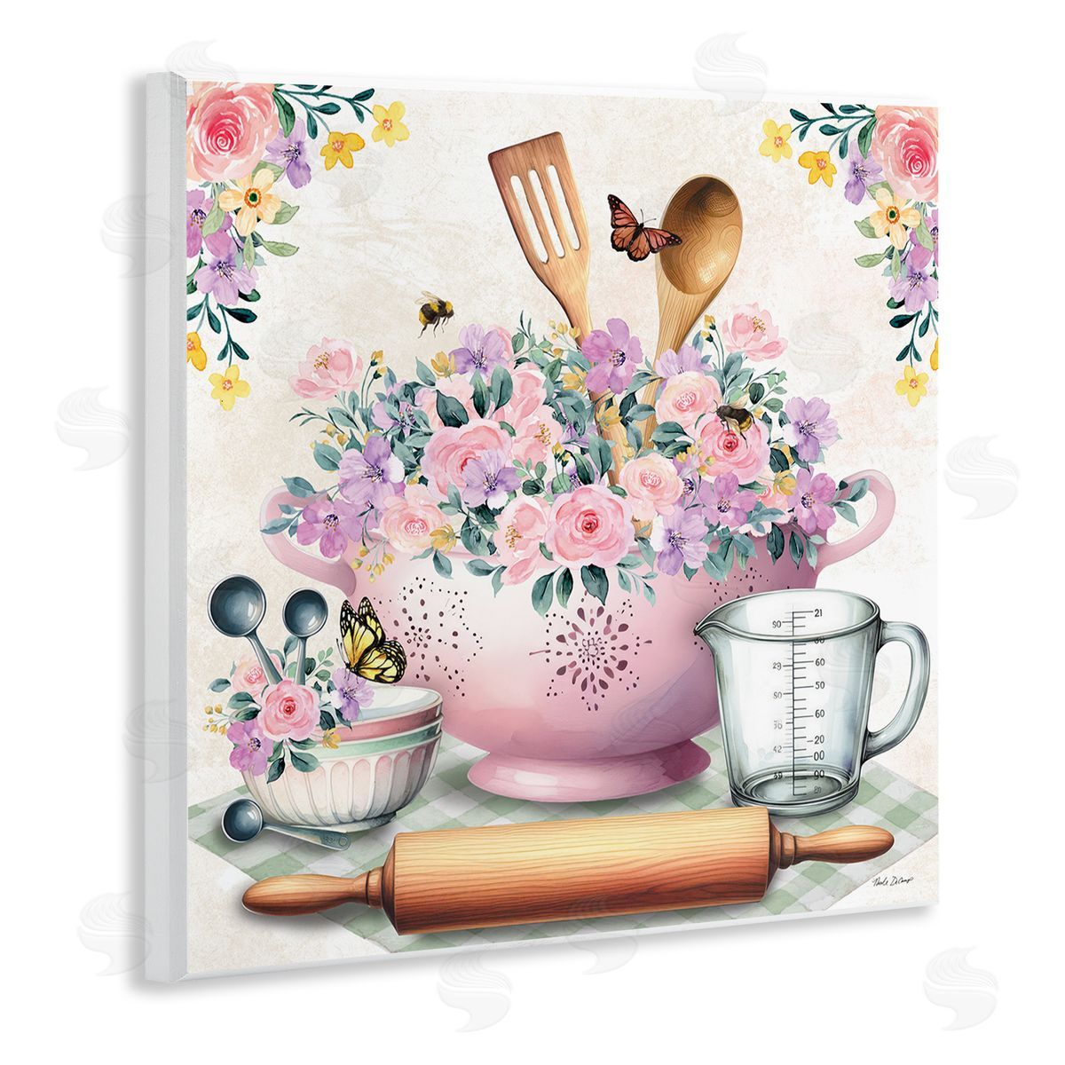Nicole DeCamp Pink Florals & Utensils Wooden Wall Plaque Art Print