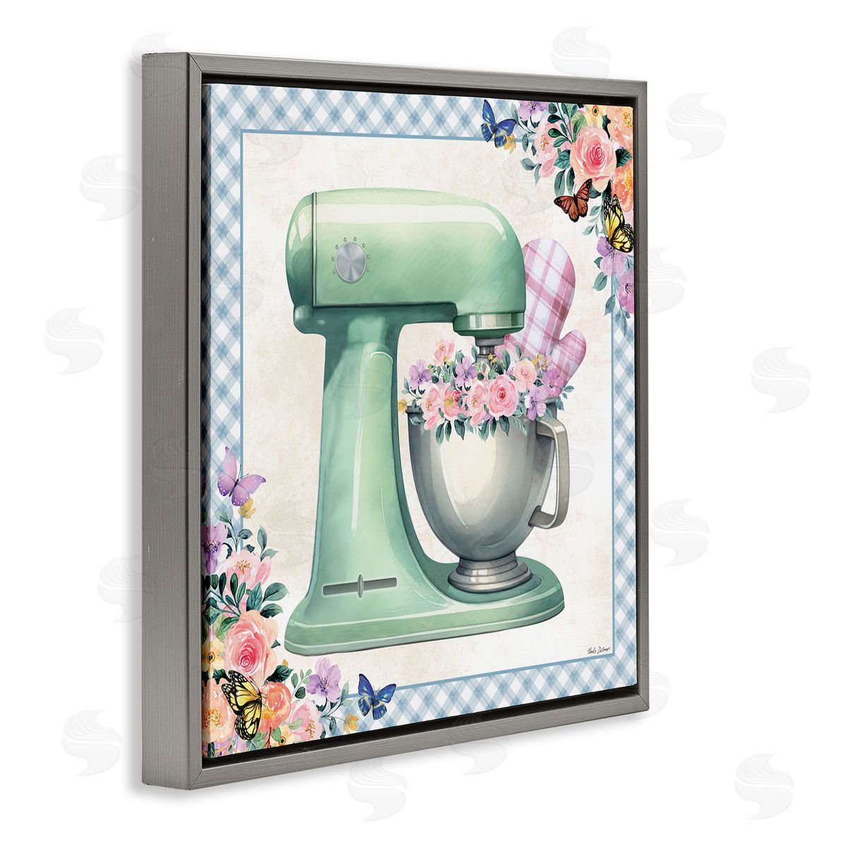 Nicole DeCamp Kitchen Mixer with Flowers Gray Floating Frame Canvas Wall Art Print