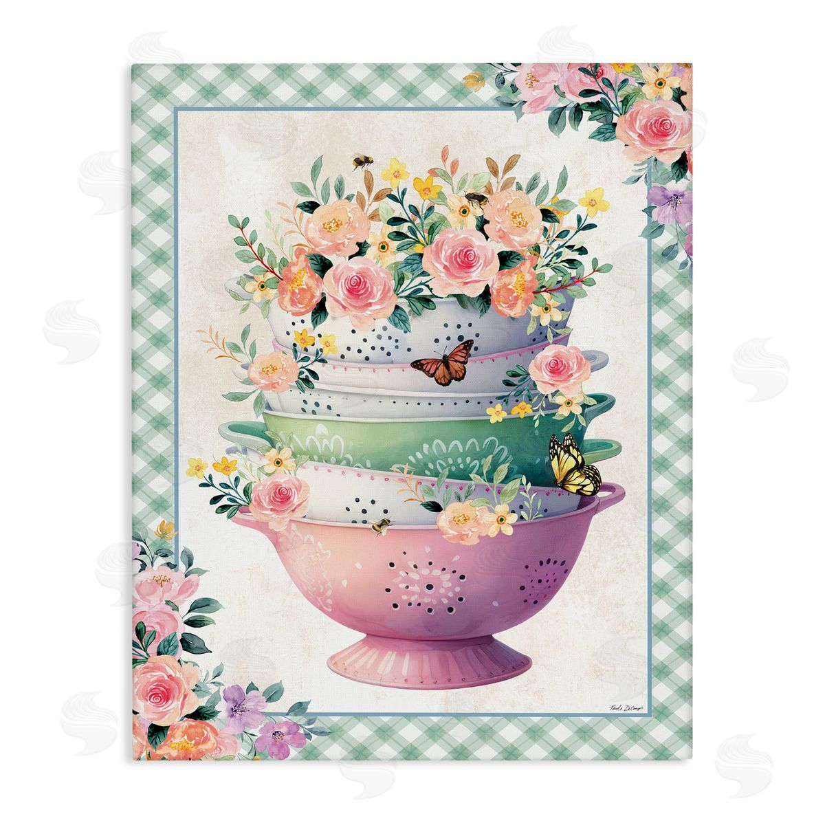Nicole DeCamp Stacked Bowls Plaid Border Canvas Wall Art Print