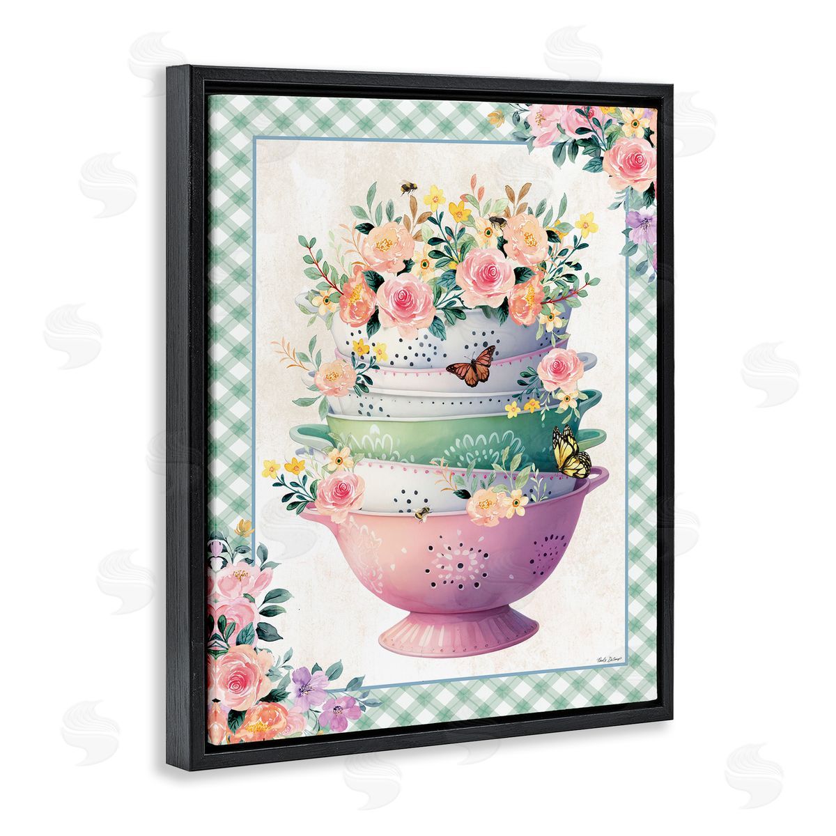 Nicole DeCamp Stacked Bowls Plaid Border Black Floating Frame Canvas Wall Art Print