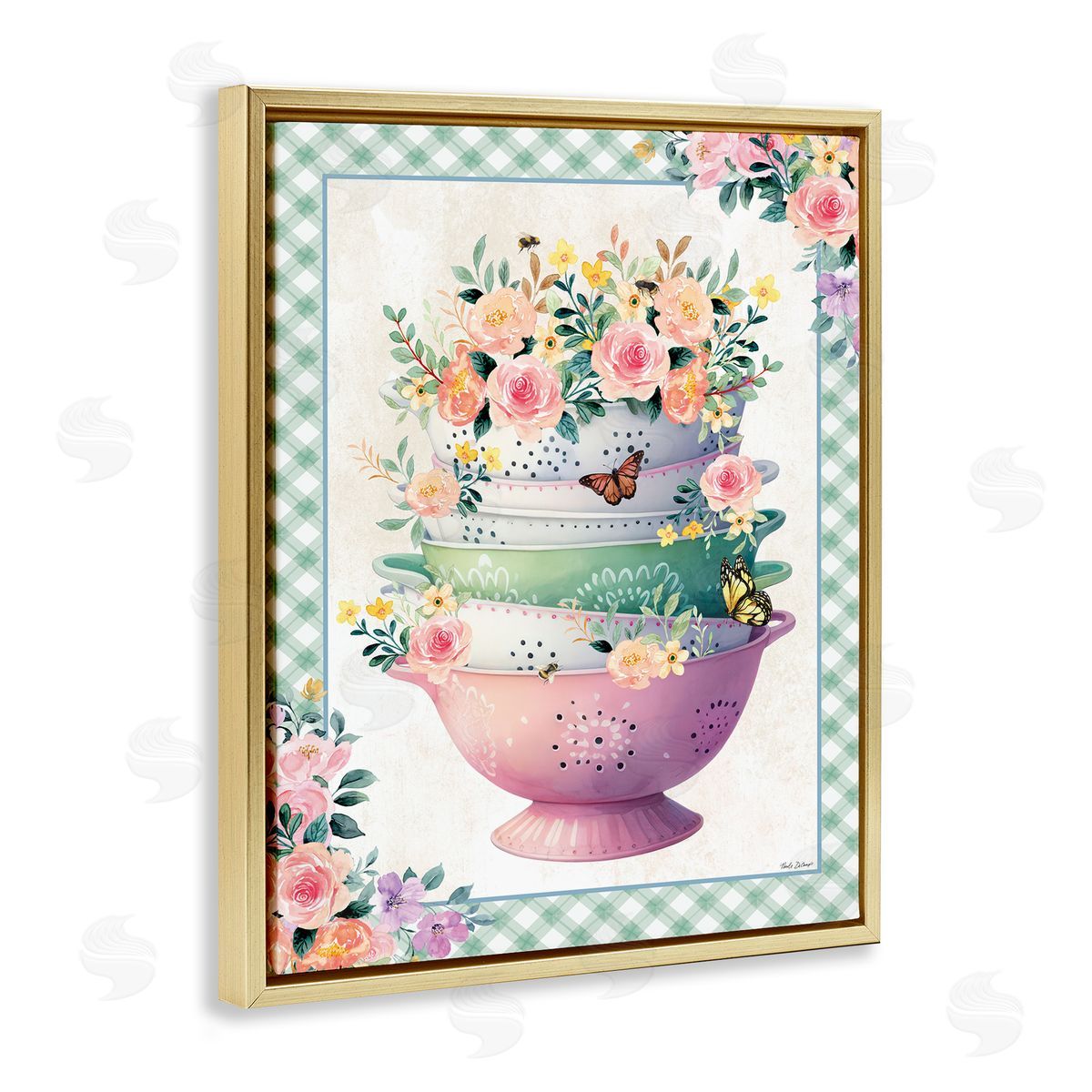 Nicole DeCamp Stacked Bowls Plaid Border Gold Floating Frame Canvas Wall Art Print