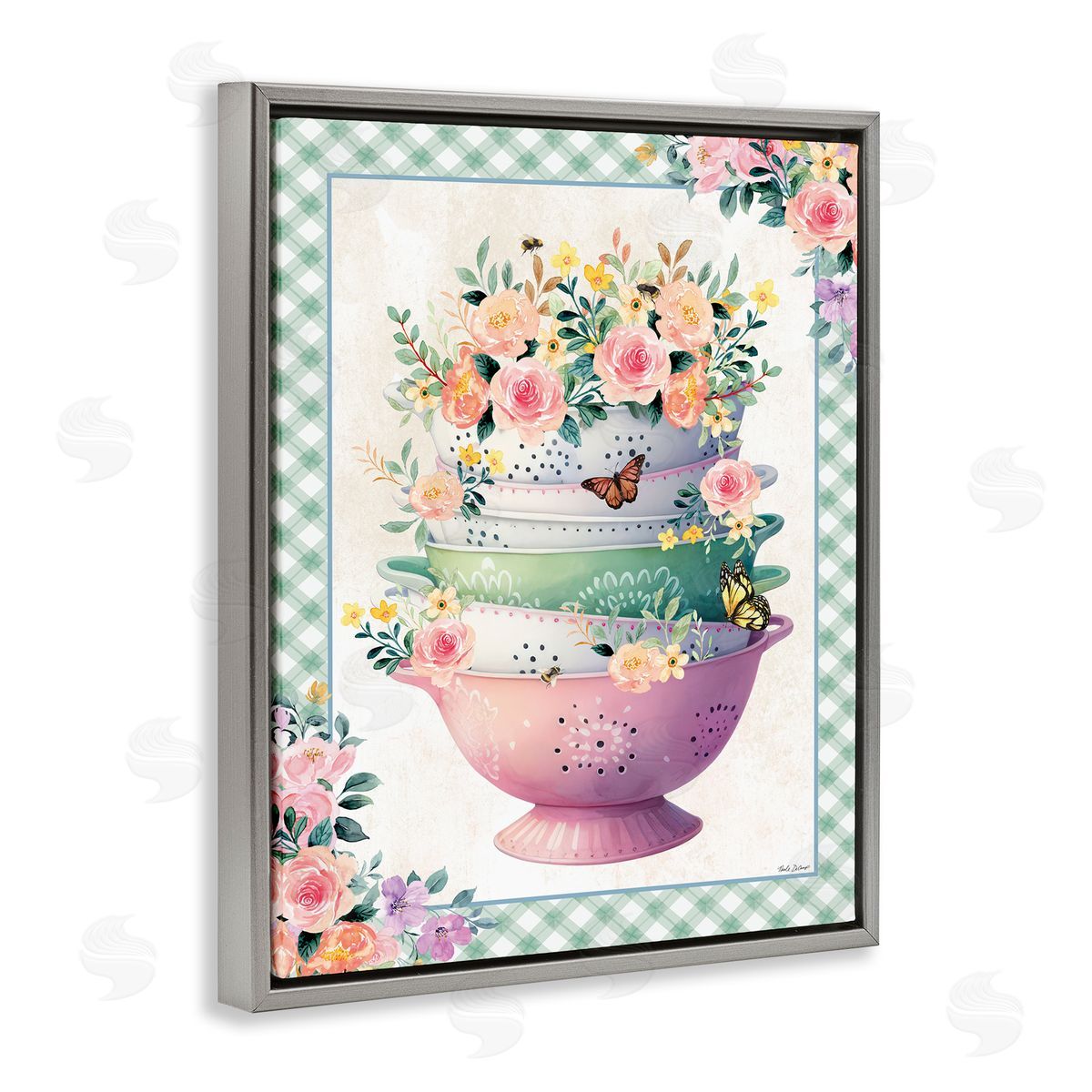 Nicole DeCamp Stacked Bowls Plaid Border Gray Floating Frame Canvas Wall Art Print