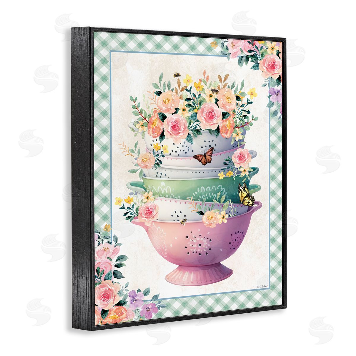 Nicole DeCamp Stacked Bowls Plaid Border Black Framed Giclee Wall Art Print