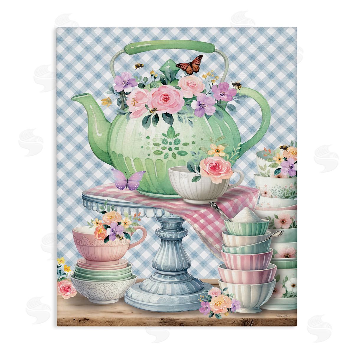 Nicole DeCamp Tea Kettle on Gingham Canvas Wall Art Print