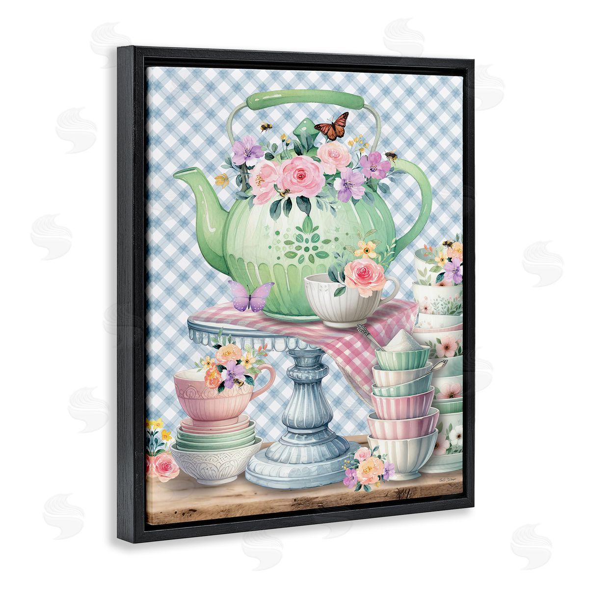 Nicole DeCamp Tea Kettle on Gingham Black Floating Frame Canvas Wall Art Print