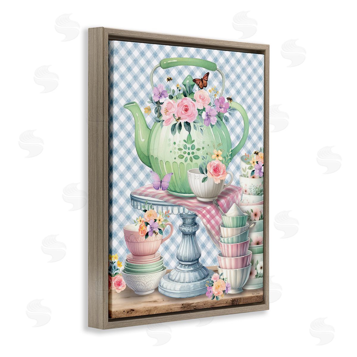 Nicole DeCamp Tea Kettle on Gingham Brown Floating Frame Canvas Wall Art Print