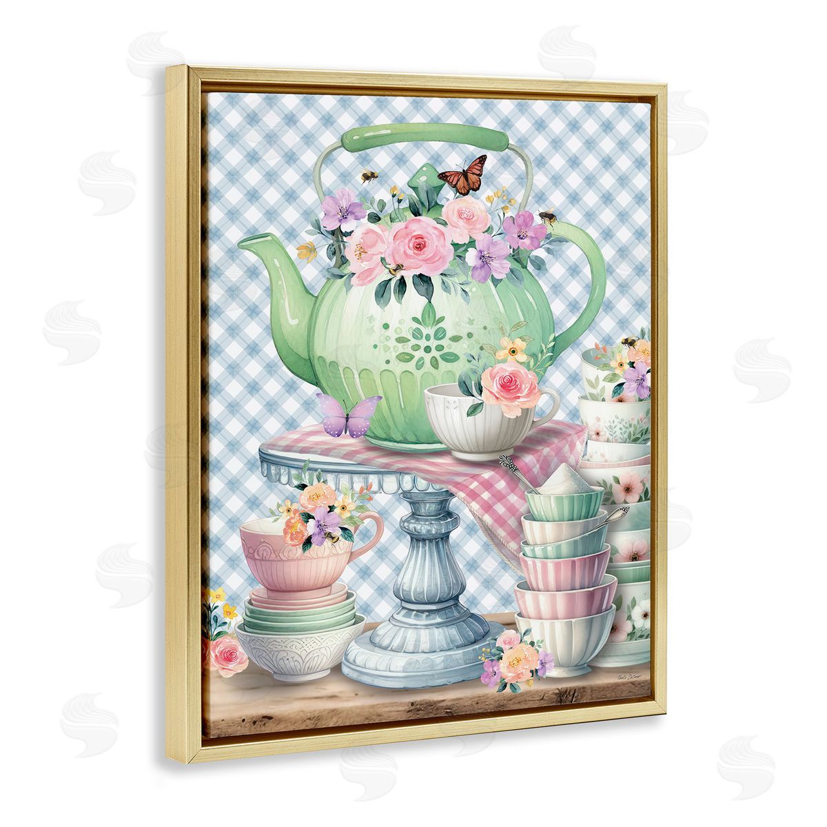 Nicole DeCamp Tea Kettle on Gingham Gold Floating Frame Canvas Wall Art Print