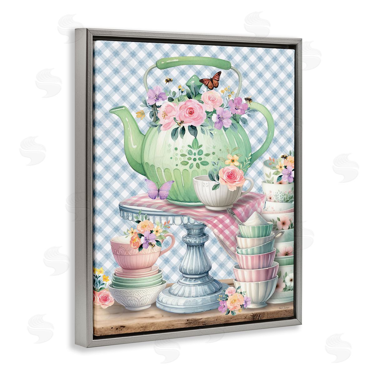 Nicole DeCamp Tea Kettle on Gingham Gray Floating Frame Canvas Wall Art Print