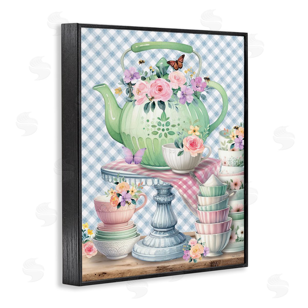 Nicole DeCamp Tea Kettle on Gingham Black Framed Giclee Wall Art Print