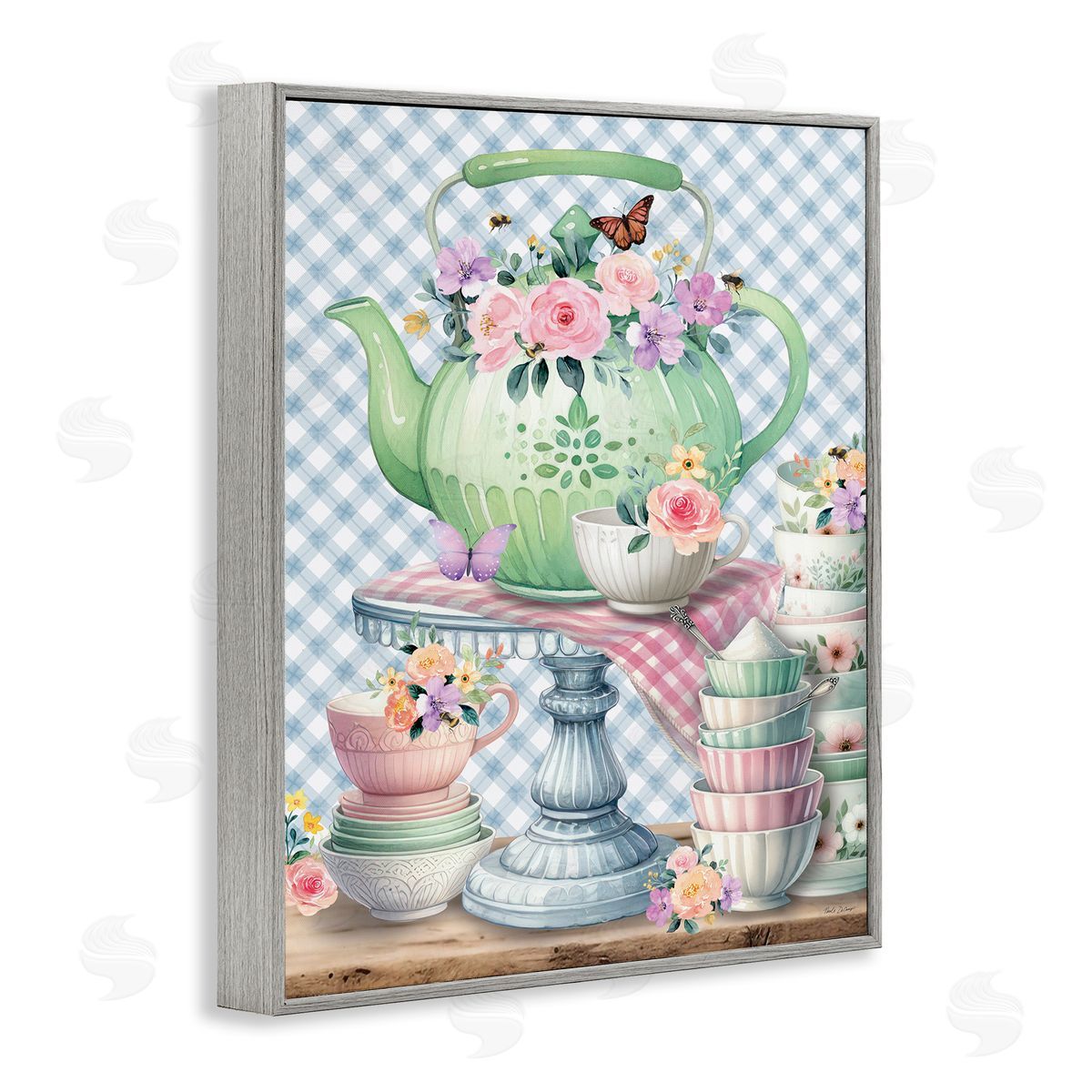 Nicole DeCamp Tea Kettle on Gingham Gray Framed Giclee Wall Art Print