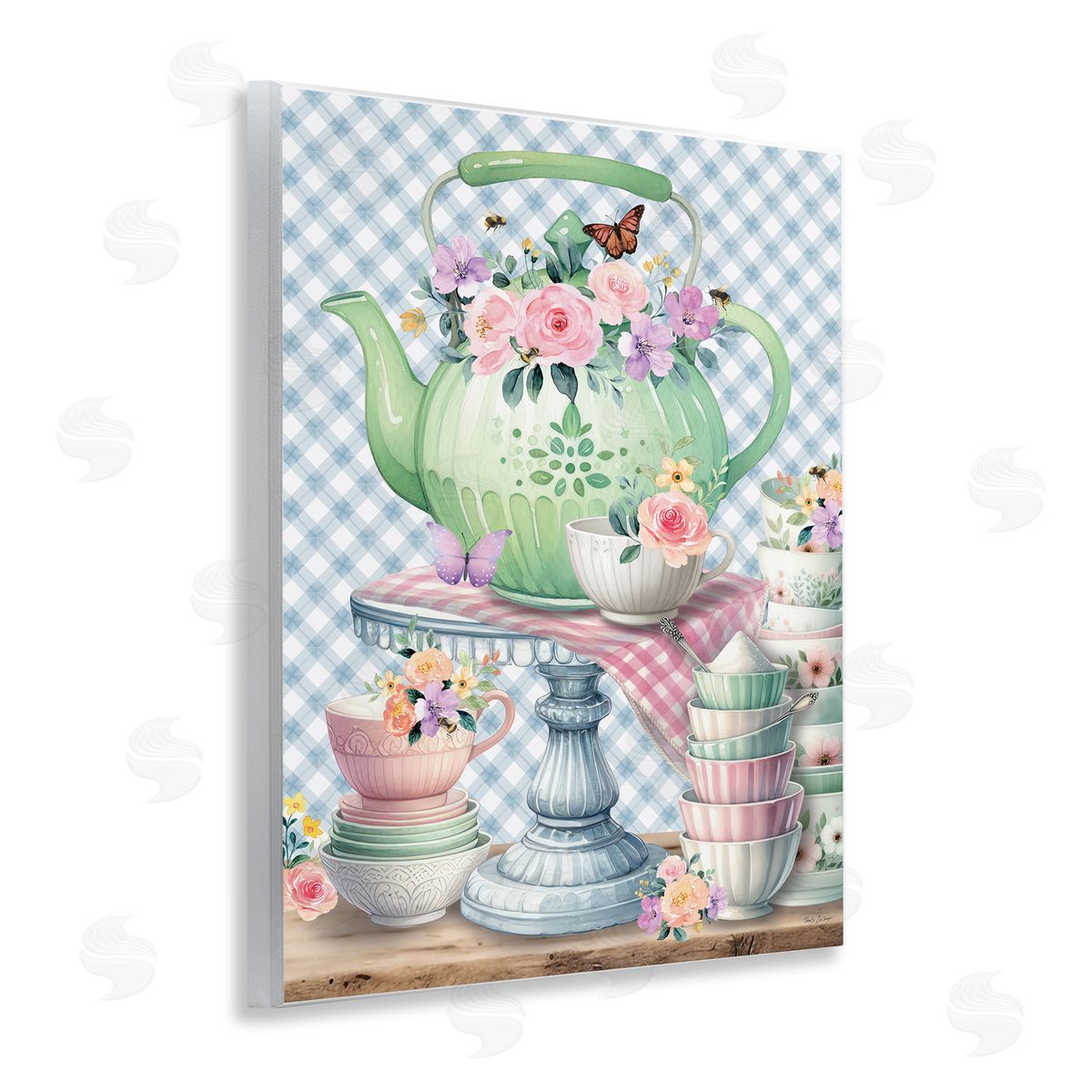 Nicole DeCamp Tea Kettle on Gingham Wooden Wall Plaque Art Print