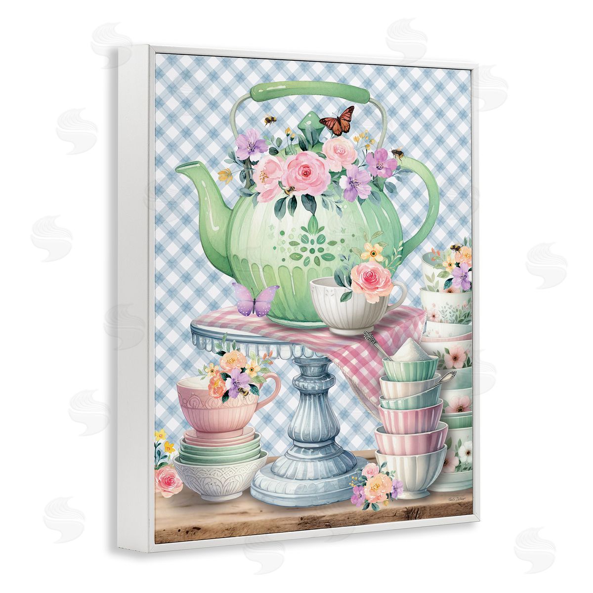 Nicole DeCamp Tea Kettle on Gingham White Framed Giclee Wall Art Print