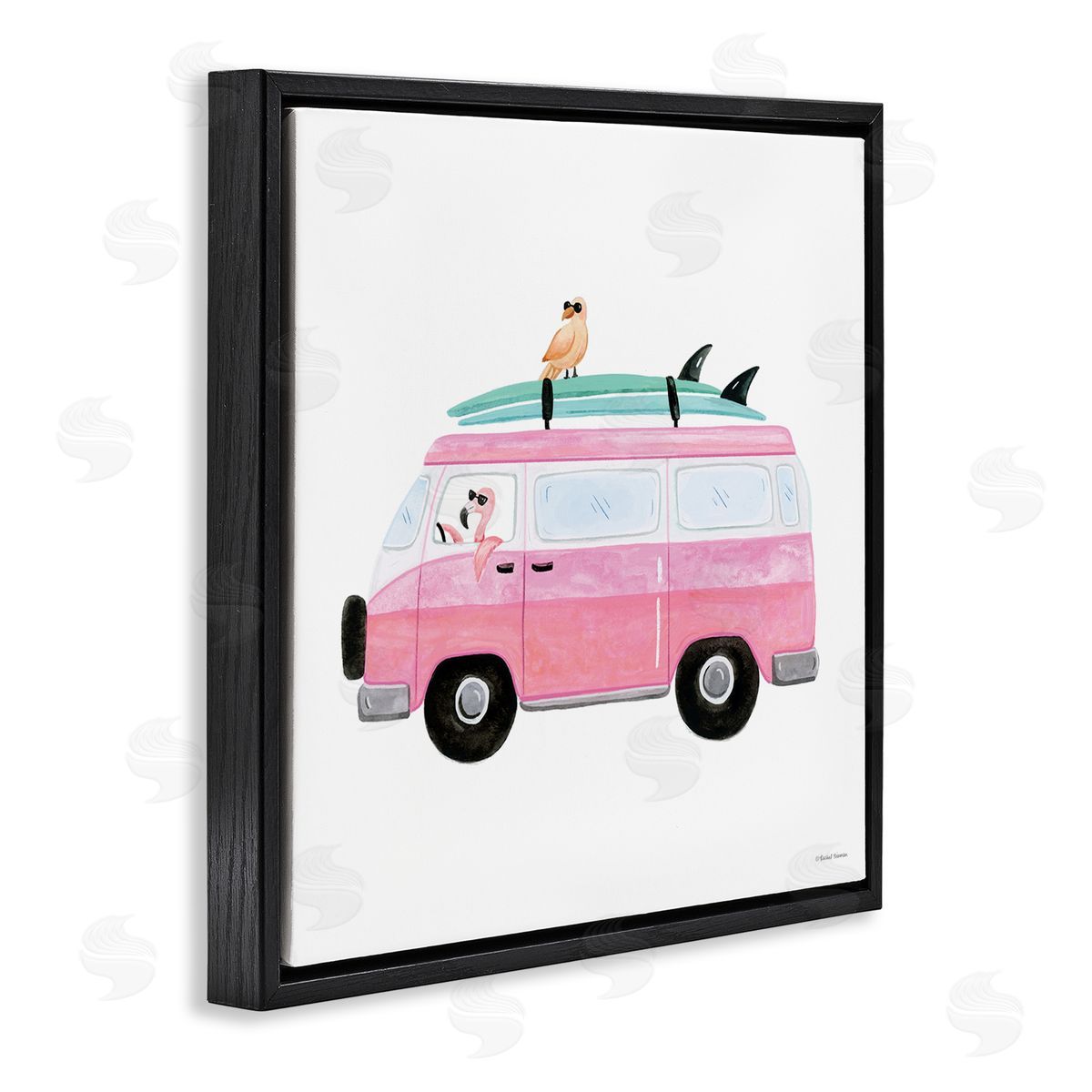 Rachel Nieman Summer Birds & Van Black Floating Frame Canvas Wall Art Print