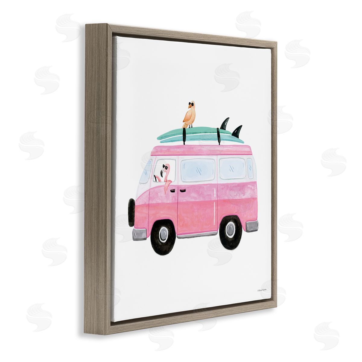 Rachel Nieman Summer Birds & Van Brown Floating Frame Canvas Wall Art Print