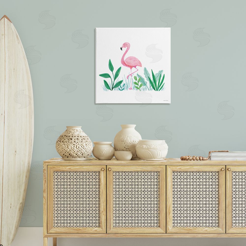 Susan Ball Summer Flamingo & Fronds Canvas Wall Art Print in Room