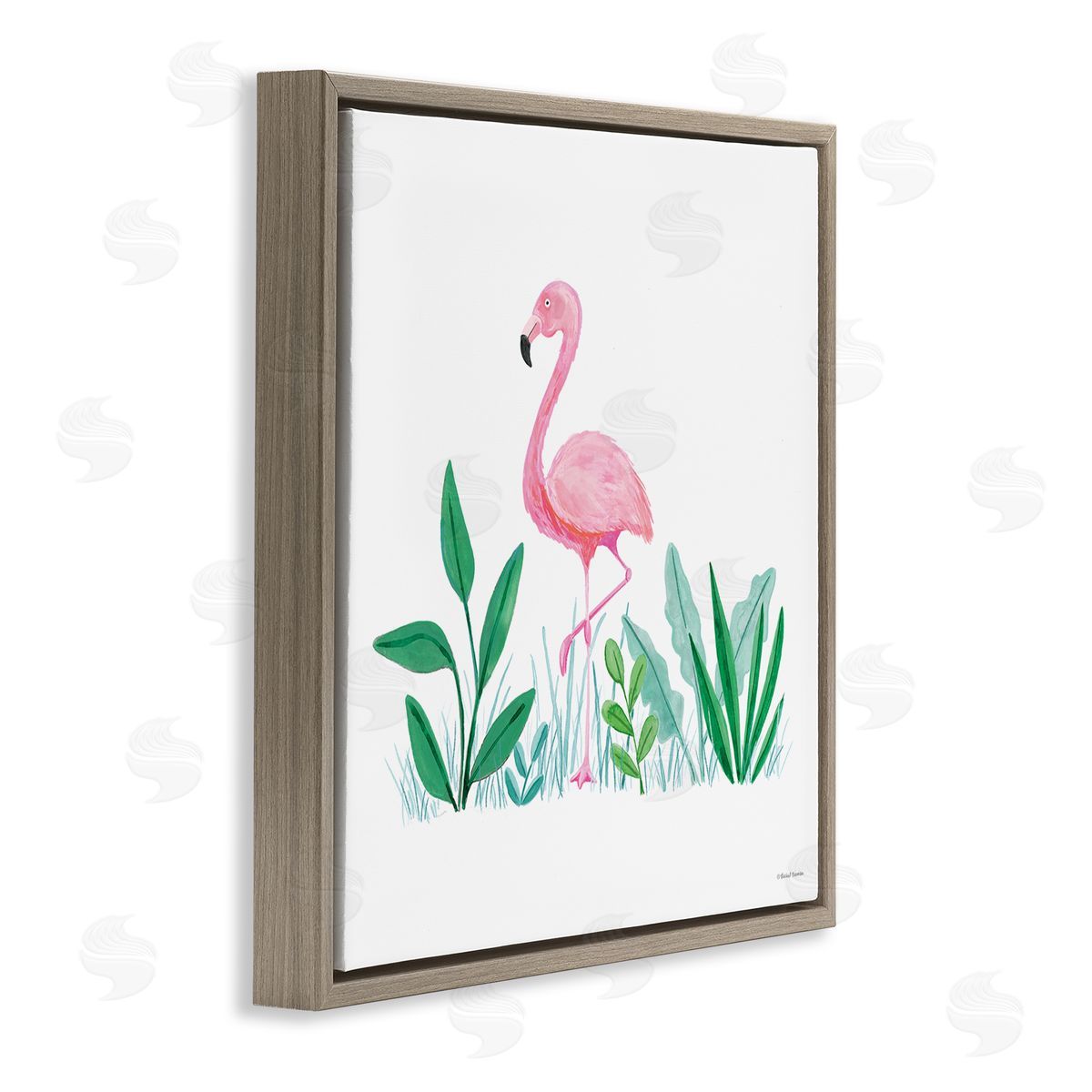 Susan Ball Summer Flamingo & Fronds Brown Floating Frame Canvas Wall Art Print