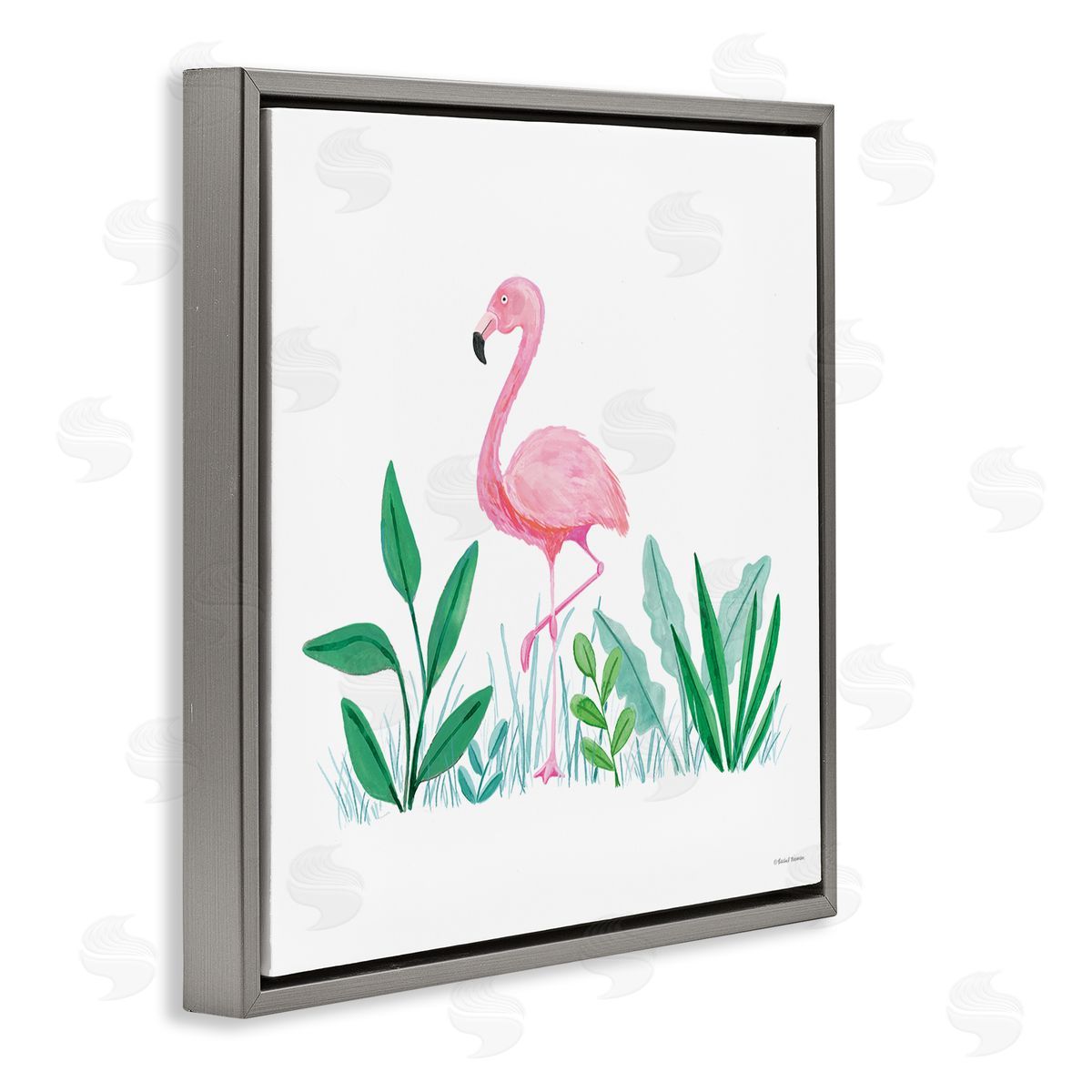 Susan Ball Summer Flamingo & Fronds Gray Floating Frame Canvas Wall Art Print