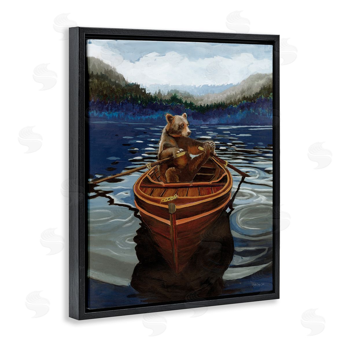 Stellar Design Studio Brown Bear on Row Boat Black Floating Frame Canvas Wall Art Print