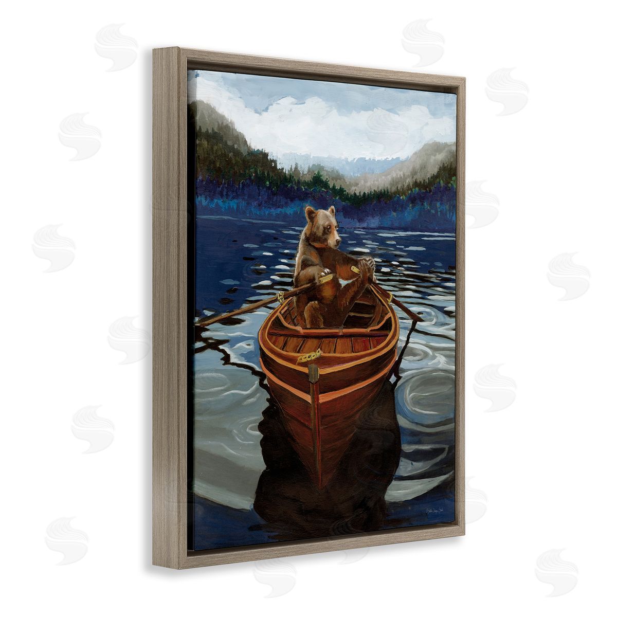 Stellar Design Studio Brown Bear on Row Boat Brown Floating Frame Canvas Wall Art Print