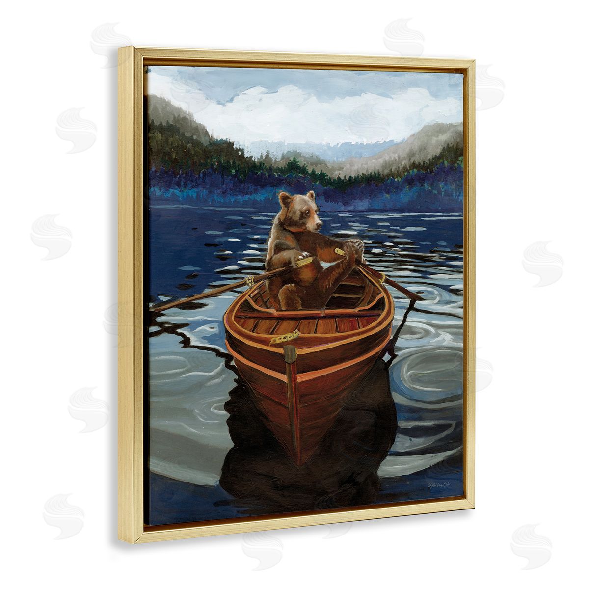 Stellar Design Studio Brown Bear on Row Boat Gold Floating Frame Canvas Wall Art Print