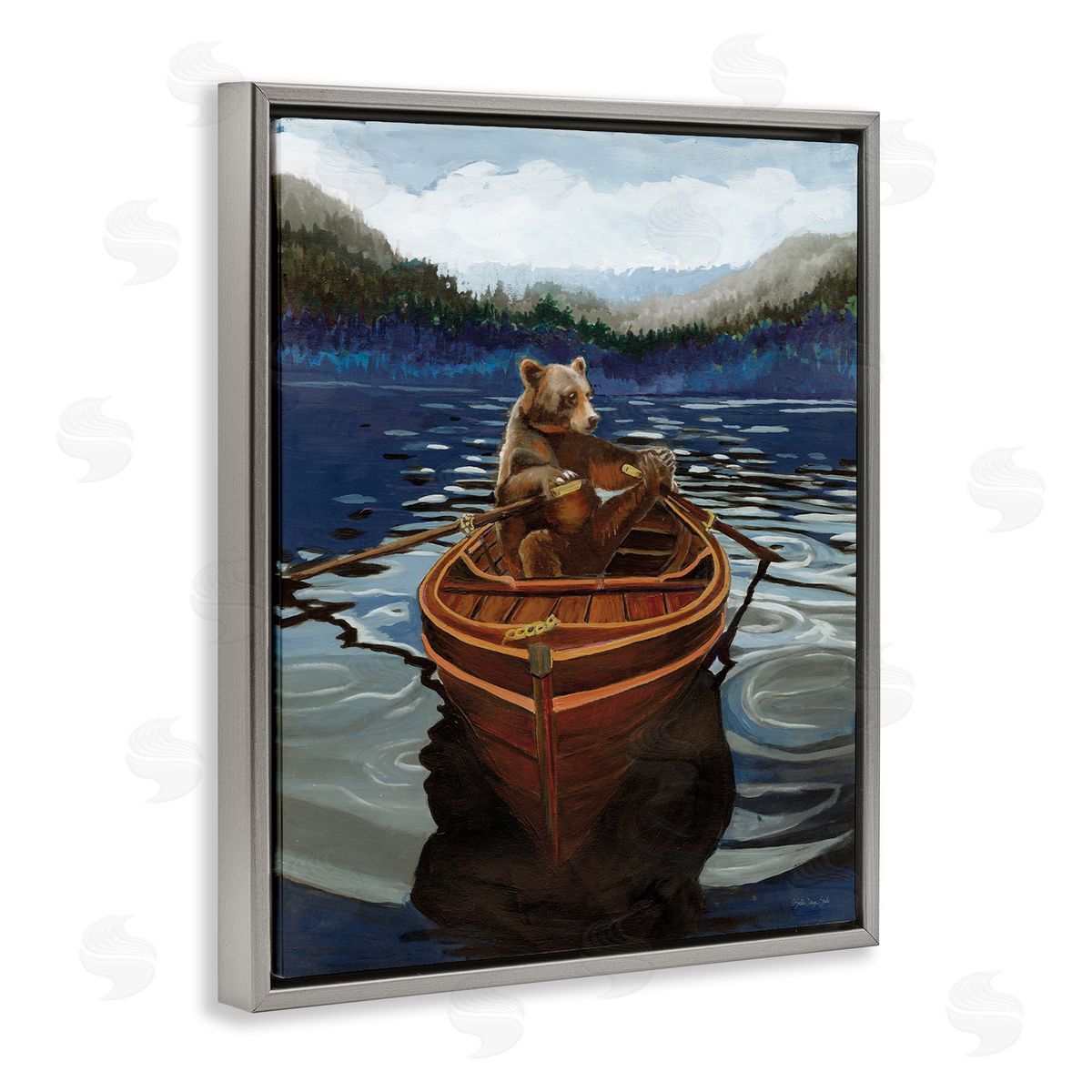 Stellar Design Studio Brown Bear on Row Boat Gray Floating Frame Canvas Wall Art Print