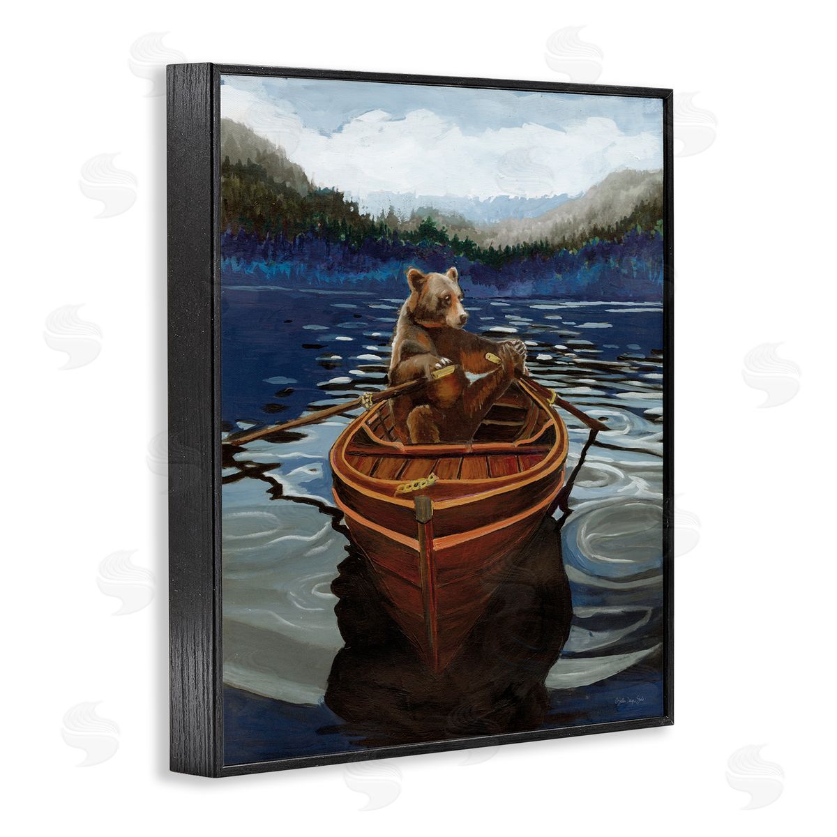 Stellar Design Studio Brown Bear on Row Boat Black Framed Giclee Wall Art Print